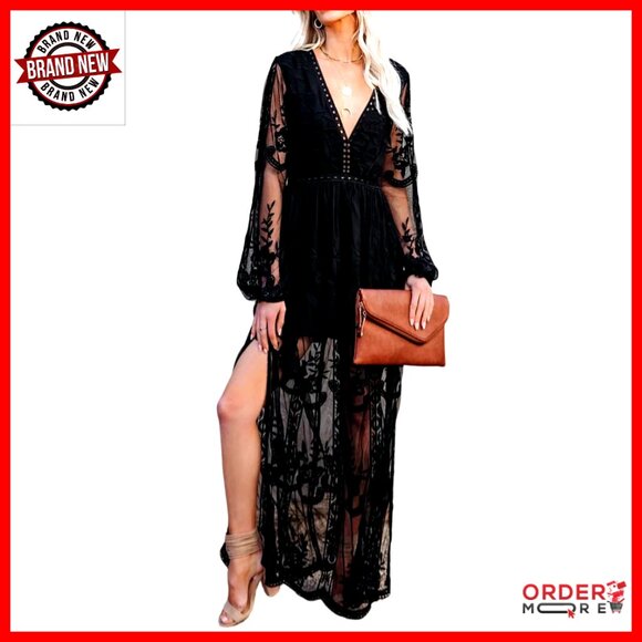 V Neck Floral Embroidered Lace Maxi Dress Boho Elegant Formal Evening Wear